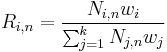 R_{i,n} = {N_{i,n}w_i \over \sum_{j=1}^k N_{j,n}w_j}