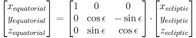 
 \begin{bmatrix}
  x_{equatorial} \\
  y_{equatorial} \\
  z_{equatorial} \\
 \end{bmatrix} 
 =
 \begin{bmatrix}
  1 & 0 & 0 \\
  0 & \cos \epsilon & -\sin \epsilon \\
  0 & \sin \epsilon &  \cos \epsilon \\
 \end{bmatrix} \! \cdot \! 
 \begin{bmatrix}
  x_{ecliptic} \\
  y_{ecliptic} \\
  z_{ecliptic} \\
 \end{bmatrix}
