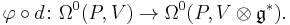  \varphi\circ d\colon \Omega^0(P,V)\rightarrow \Omega^0(P,V\otimes \mathfrak g^*).\,