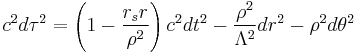 
c^{2} d\tau^{2} =
\left( 1 - \frac{r_{s} r}{\rho^{2}} \right) c^{2} dt^{2}
- \frac{\rho^{2}}{\Lambda^{2}} dr^{2}
- \rho^{2} d\theta^{2}
