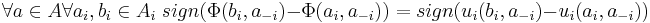  \forall {a\in A} \forall {a_{i},b_{i}\in A_{i}}\; sign(\Phi(b_{i},a_{-i})-\Phi(a_{i},a_{-i})) = sign(u_{i}(b_{i},a_{-i})-u_{i}(a_{i},a_{-i}))