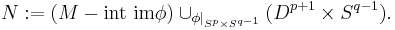 N�:= (M-\operatorname{int~im}\phi)\cup_{\phi|_{S^p\times S^{q-1}}} (D^{p%2B1}\times S^{q-1}).