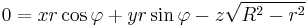  0 = x r \cos \varphi %2B y r \sin \varphi - z \sqrt{R^2-r^2} \,\!