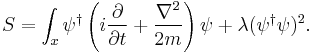 
S =  \int_x \psi^\dagger \left(i{\partial \over \partial t} %2B {\nabla^2 \over 2m}\right)\psi %2B \lambda (\psi^\dagger \psi)^2. 
