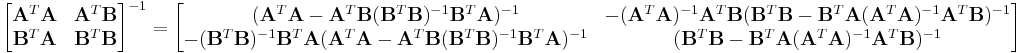 
\begin{bmatrix}
\mathbf A^T \mathbf A & \mathbf A^T \mathbf B \\
\mathbf B^T \mathbf A & \mathbf B^T \mathbf B
\end{bmatrix}^{-1}
=
\begin{bmatrix}
                 (\mathbf A^T \mathbf A-\mathbf A^T \mathbf B(\mathbf B^T \mathbf B)^{-1}\mathbf B^T \mathbf A)^{-1}         
                 & -(\mathbf A^T \mathbf A)^{-1}\mathbf A^T \mathbf B(\mathbf B^T \mathbf B-\mathbf B^T \mathbf A(\mathbf A^T \mathbf A)^{-1}\mathbf A^T \mathbf B)^{-1} 
\\
                 -(\mathbf B^T \mathbf B)^{-1}\mathbf B^T \mathbf A(\mathbf A^T \mathbf A-\mathbf A^T \mathbf B(\mathbf B^T \mathbf B)^{-1}\mathbf B^T \mathbf A)^{-1} 
                 & (\mathbf B^T \mathbf B-\mathbf B^T \mathbf A(\mathbf A^T \mathbf A)^{-1}\mathbf A^T \mathbf B)^{-1}  
\end{bmatrix}
