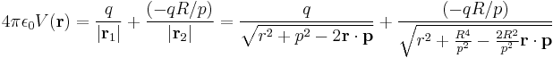 
4\pi\epsilon_0 V(\mathbf{r})=\frac{q}{|\mathbf{r}_1|}%2B\frac{(-qR/p)}{|\mathbf{r}_2|}=
\frac{q}{\sqrt{r^2%2Bp^2-2\mathbf{r}\cdot\mathbf{p}}}%2B
\frac{(-qR/p)}{\sqrt{r^2 %2B\frac{R^4}{p^2}-\frac{2R^2}{p^2}\mathbf{r}\cdot\mathbf{p}}}
