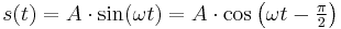 s(t) = A\cdot \sin(\omega t) = A\cdot \cos\left(\omega t -\begin{matrix} \frac{\pi}{2}\end{matrix}\right)\,