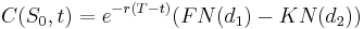 C(S_{0},t)=e^{-r(T-t)}(FN(d_1)-KN(d_2))\,