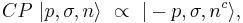 CP\ |p,\sigma,n\rangle \ \propto \ |-p,\sigma,n^c\rangle ,