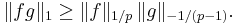 \|fg\|_1\ge\|f\|_{1/p}\,\|g\|_{-1/(p-1)}.