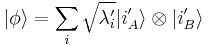 
|\phi\rangle=\sum_i\sqrt{\lambda_i'}|i_A'\rangle\otimes|i_B'\rangle
