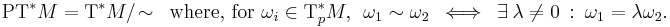 \text{PT}^*M = \text{T}^*M /\! \sim \ \text{ where, for } \omega_i \in \text{T}^*_pM, \  \ \omega_1 \sim \omega_2 \ \iff \ \exists \ \lambda \neq 0 \�: \ \omega_1 = \lambda\omega_2.