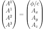 
\begin{pmatrix}
A^0 \\ A^1 \\ A^2 \\ A^3 
\end{pmatrix} = 
\begin{pmatrix}
\phi / c \\ A_x \\ A_y \\ A_z 
\end{pmatrix}
