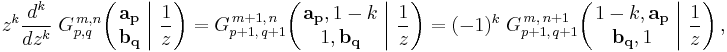 
z^k \frac{d^k}{dz^k} \; G_{p,q}^{\,m,n} \!\left( \left. \begin{matrix} \mathbf{a_p} \\ \mathbf{b_q} \end{matrix} \; \right| \, \frac{1}{z} \right) =
G_{p%2B1,\,q%2B1}^{\,m%2B1,\,n} \!\left( \left. \begin{matrix} \mathbf{a_p}, 1-k \\ 1, \mathbf{b_q} \end{matrix} \; \right| \, \frac{1}{z} \right) =
(-1)^k \; G_{p%2B1,\,q%2B1}^{\,m,\,n%2B1} \!\left( \left. \begin{matrix} 1-k, \mathbf{a_p} \\ \mathbf{b_q}, 1 \end{matrix} \; \right| \, \frac{1}{z} \right),
