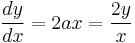  {dy \over dx} = 2 a x = {2 y \over x} 