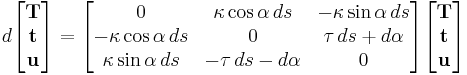 
d\begin{bmatrix}
\mathbf{T}\\
\mathbf{t}\\
\mathbf{u}
\end{bmatrix}
=
\begin{bmatrix}
0&\kappa\cos\alpha\, ds&-\kappa\sin\alpha\, ds\\
-\kappa\cos\alpha\, ds&0&\tau \, ds %2B d\alpha\\
\kappa\sin\alpha\, ds&-\tau \, ds - d\alpha&0
\end{bmatrix}
\begin{bmatrix}
\mathbf{T}\\
\mathbf{t}\\
\mathbf{u}
\end{bmatrix}