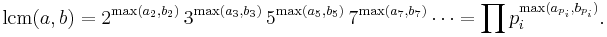 
\operatorname{lcm}(a,b)
=2^{\max(a_2,b_2)}\,3^{\max(a_3,b_3)}\,5^{\max(a_5,b_5)}\,7^{\max(a_7,b_7)}\cdots
=\prod p_i^{\max(a_{p_i},b_{p_i})}.
