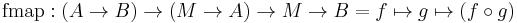 \text{fmap}: (A \rarr B) \rarr (M \rarr A) \rarr M \rarr B = f \mapsto g \mapsto (f \circ g)