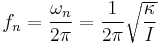 f_n = \frac{\omega_n}{2\pi} = \frac{1}{2\pi}\sqrt{\frac{\kappa}{I}}\,