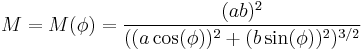 M=M(\phi)=\frac{(ab)^2}{((a\cos(\phi))^2%2B(b\sin(\phi))^2)^{3/2}}\,\!