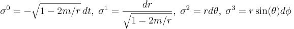  \sigma^0 = -\sqrt{1-2m/r} \, dt, \; \sigma^1 = \frac{dr}{\sqrt{1-2m/r}}, \; \sigma^2 = r d\theta, \; \sigma^3 = r \sin(\theta) d\phi