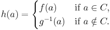 
h(a)=
\begin{cases}
f(a) & \mbox{if }a\in C, \\
g^{-1}(a) & \mbox{if }a\notin C.
\end{cases}
