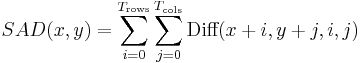  SAD(x, y) = \sum_{i=0}^{T_{\text{rows}}}\sum_{j=0}^{T_{\text{cols}}} {\text{Diff}(x%2Bi, y%2Bj,i,j)} 