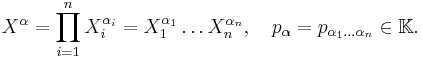  X^\alpha = \prod_{i=1}^n X_i^{\alpha_i} =
X_1^{\alpha_1}\ldots X_n^{\alpha_n}, \quad
p_\alpha = p_{\alpha_1\ldots\alpha_n}\in\mathbb{K}.\ 