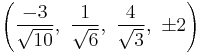 \left(\frac{-3}{\sqrt{10}},\ \frac{1}{\sqrt{6}},\   \frac{4}{\sqrt{3}},\  \pm2\right)