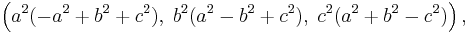  \left( a^2(-a^2 %2B b^2 %2B c^2), \;b^2(a^2 - b^2 %2B c^2), \;c^2(a^2 %2B b^2 - c^2)\right), \, 