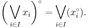 \biggl(\bigvee_{i\in I}{x_i}\biggr)^\circ =\bigvee_{i\in I}(x_i^\circ).