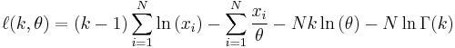 \ell(k, \theta) = (k - 1) \sum_{i=1}^N \ln{(x_i)} - \sum_{i=1}^N \frac{x_i}{\theta} - Nk\ln{(\theta)} - N\ln{\Gamma(k)}