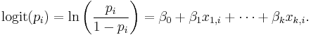 \operatorname{logit}(p_i)=\ln\left(\frac{p_i}{1-p_i}\right) = \beta_0 %2B \beta_1 x_{1,i} %2B \cdots %2B \beta_k x_{k,i}.