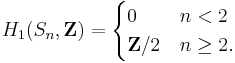 H_1(S_n,\mathbf{Z}) = \begin{cases} 0 & n < 2\\
\mathbf{Z}/2 & n \geq 2.\end{cases}