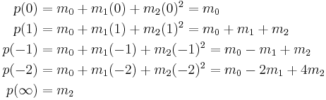 
\begin{align}
p(0) & {} = m_0 %2B m_1(0) %2B m_2(0)^2 = m_0 \\
p(1) & {} = m_0 %2B m_1(1) %2B m_2(1)^2 = m_0 %2B m_1 %2B m_2 \\
p(-1) & {} = m_0 %2B m_1(-1) %2B m_2(-1)^2 = m_0 - m_1 %2B m_2 \\
p(-2) & {} = m_0 %2B m_1(-2) %2B m_2(-2)^2 = m_0 - 2m_1 %2B 4m_2 \\
p(\infty) & {} = m_2
\end{align}
