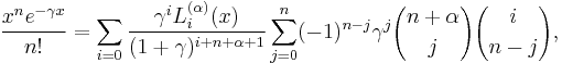 \frac{x^n e^{-\gamma x}}{n!}= \sum_{i=0} \frac{\gamma^i L_i^{(\alpha)}(x)}{(1%2B\gamma)^{i%2Bn%2B\alpha%2B1}} \sum_{j=0}^n (-1)^{n-j} \gamma^j {n%2B\alpha \choose j} {i \choose n-j},