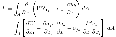 
   \begin{align}
   J_1 & = \int_{A} \cfrac{\partial}{\partial x_j}\left(W \delta_{1j} - \sigma_{jk}~\cfrac{\partial u_k}{\partial x_1}\right) dA \\
     & = \int_A \left[\cfrac{\partial W}{\partial x_1} - 
                \cfrac{\partial\sigma_{jk}}{\partial x_j}~\cfrac{\partial u_k}{\partial x_1} -
                \sigma_{jk}~\cfrac{\partial^2 u_k}{\partial x_1 \partial x_j}\right]~dA
   \end{align}
 