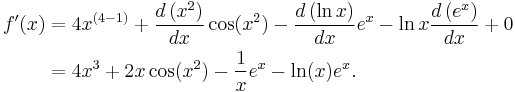 
\begin{align}
f'(x) &= 4 x^{(4-1)}%2B \frac{d\left(x^2\right)}{dx}\cos (x^2) - \frac{d\left(\ln {x}\right)}{dx} e^x - \ln{x} \frac{d\left(e^x\right)}{dx} %2B 0 \\
      &= 4x^3 %2B 2x\cos (x^2) - \frac{1}{x} e^x - \ln(x) e^x.
\end{align}
