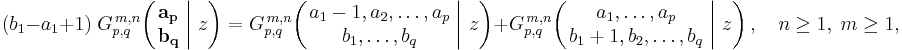 
(b_1 - a_1 %2B 1) \; G_{p,q}^{\,m,n} \!\left( \left. \begin{matrix} \mathbf{a_p} \\ \mathbf{b_q} \end{matrix} \; \right| \, z \right) =
G_{p,q}^{\,m,n} \!\left( \left. \begin{matrix} a_1-1, a_2, \dots, a_p \\ b_1, \dots, b_q \end{matrix} \; \right| \, z \right) %2B
G_{p,q}^{\,m,n} \!\left( \left. \begin{matrix} a_1, \dots, a_p \\ b_1%2B1, b_2, \dots, b_q \end{matrix} \; \right| \, z \right), \quad n \geq 1, \; m \geq 1,
