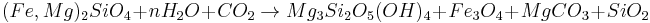 (Fe,Mg)_2SiO_4 %2B nH_2O %2B CO_2 \rarr Mg_3Si_2O_5(OH)_4 %2B Fe_3O_4 %2B MgCO_3 %2B SiO_2