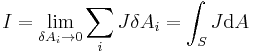  I = \lim_{\delta A_i \rightarrow 0} \sum_i J \delta A_i = \int_S J {\mathrm{d} A} \,\!