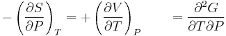 
-\left(\frac{\partial S}{\partial P}\right)_T =
%2B\left(\frac{\partial V}{\partial T}\right)_P \qquad=
\frac{\partial^2 G }{\partial T \partial P}
