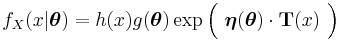  f_X(x|\boldsymbol \theta) = h(x) g(\boldsymbol \theta) \exp\Big(\ \boldsymbol\eta({\boldsymbol \theta}) \cdot \mathbf{T}(x)\ \Big) \,\!