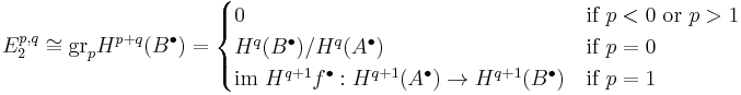 E^{p,q}_2
\cong \text{gr}_p H^{p%2Bq}(B^\bull)
= \begin{cases}
0 & \text{if } p < 0 \text{ or } p > 1 \\
H^q(B^\bull)/H^q(A^\bull) & \text{if } p = 0 \\
\text{im } H^{q%2B1}f^\bull�: H^{q%2B1}(A^\bull) \rightarrow H^{q%2B1}(B^\bull) &\text{if } p = 1 \end{cases}