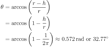 
\begin{align}
\theta & = \arccos \left( \frac{r-h}{r} \right)\\
       & = \arccos \left( 1 - \frac{h}{r} \right)\\
       & = \arccos \left( 1 - \frac{1}{2\pi} \right) \approx 0.572 \,\text{rad} \mbox{ or } 32.77^\circ
\end{align}
