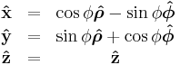 \begin{matrix}
    \mathbf{\hat x} & = & \cos\phi\boldsymbol{\hat \rho}-\sin\phi\boldsymbol{\hat\phi} \\
    \mathbf{\hat y} & = & \sin\phi\boldsymbol{\hat \rho}%2B\cos\phi\boldsymbol{\hat\phi} \\
    \mathbf{\hat z} & = & \mathbf{\hat z}
    \end{matrix}