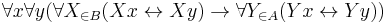 \forall x \forall y (\forall X_{\in B} (Xx \leftrightarrow Xy) \rightarrow \forall Y_{\in A} (Yx \leftrightarrow Yy))