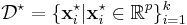 \mathcal{D}^\star = \{ \mathbf{x}^\star_i | \mathbf{x}^\star_i \in \mathbb{R}^p\}_{i=1}^k \, 