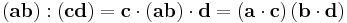  \left(\mathbf{ab}\right):\left(\mathbf{cd}\right) = \mathbf{c}\cdot\left(\mathbf{ab}\right)\cdot\mathbf{d} =  \left(\mathbf{a}\cdot\mathbf{c}\right)\left(\mathbf{b}\cdot\mathbf{d}\right) 