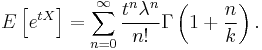 E\left[e^{tX}\right] = \sum_{n=0}^\infty \frac{t^n\lambda^n}{n!}\Gamma\left(1%2B\frac{n}{k}\right).